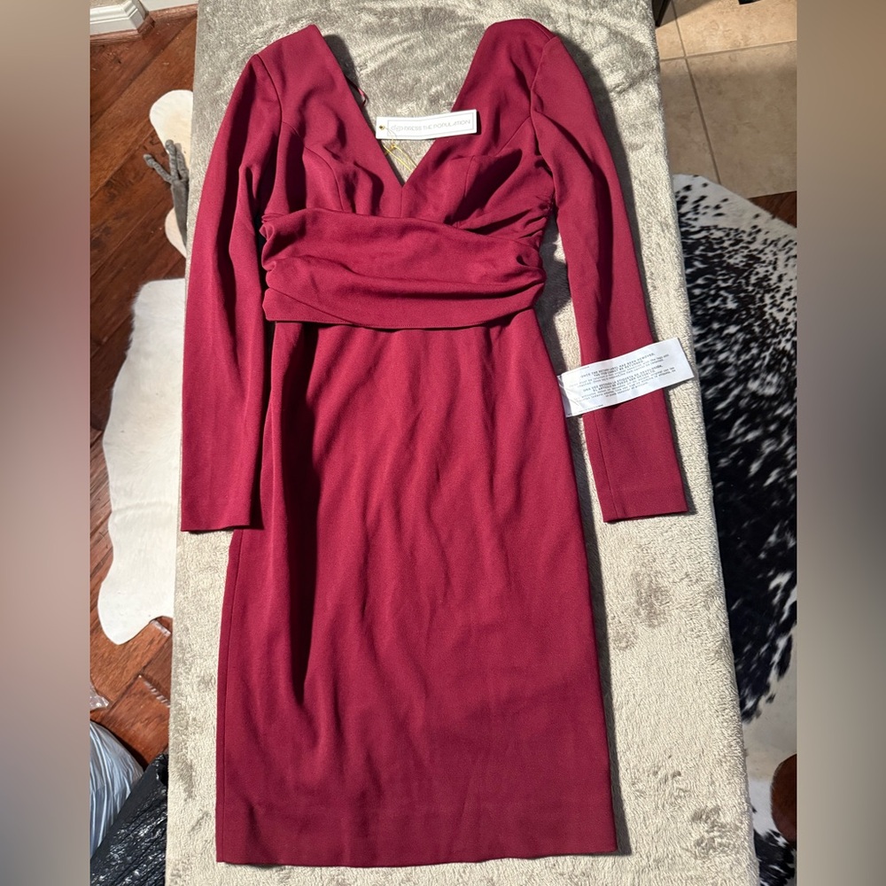 Dress the Population Carmen Long Sleeve Trumpet Mini Gown Dress Burgundy S